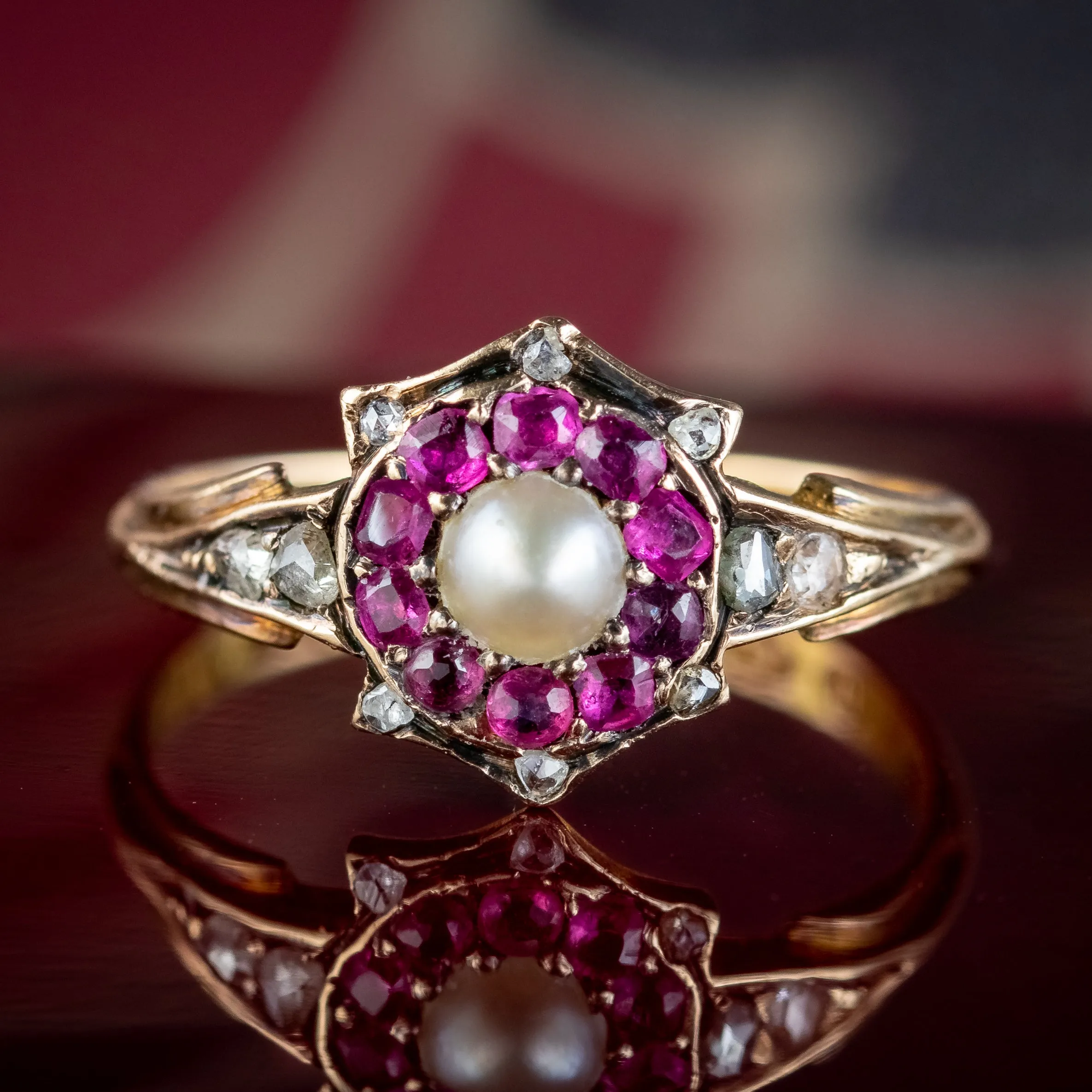 Antique Victorian Ruby Diamond Pearl Ring Dated 1869