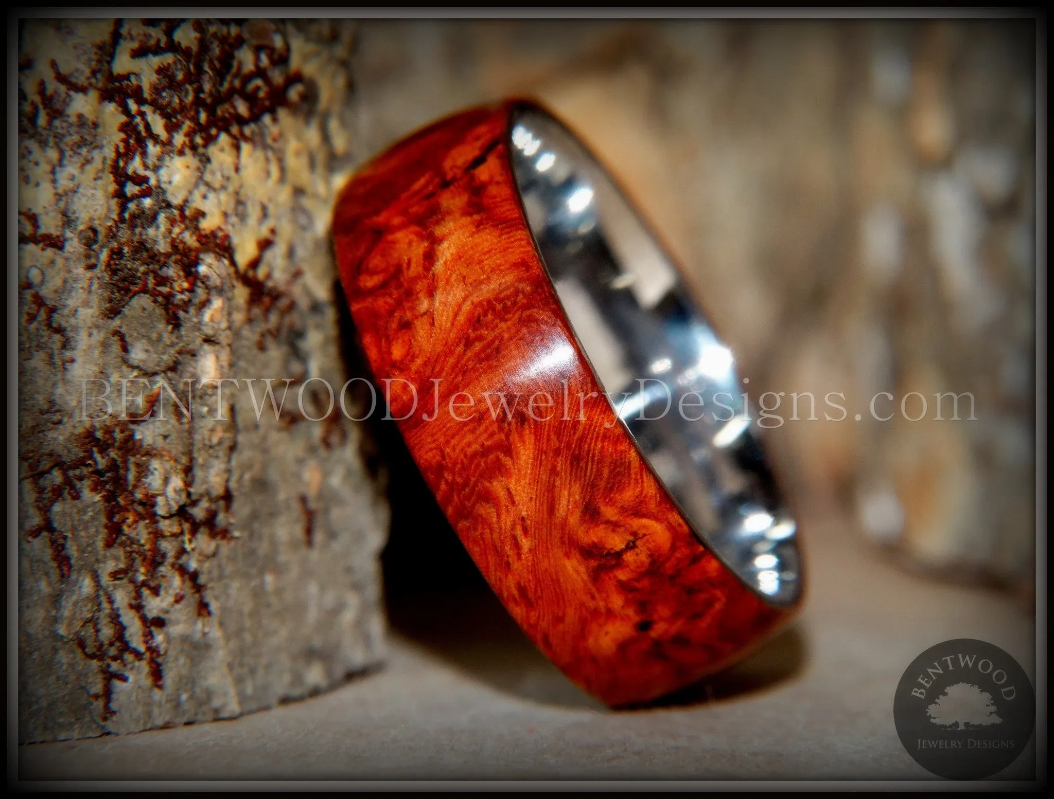 Bentwood Ring - Rarity Amboyna Burl Wood Ring with Titanium Steel Comfort Fit Metal Core