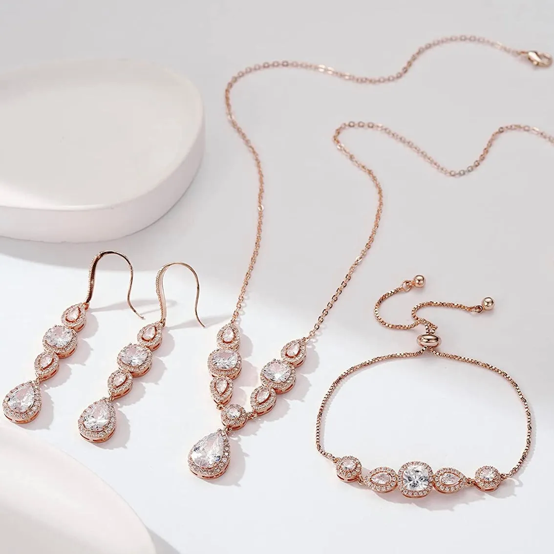 Rose Gold - 3 Piece Necklace Set Comes with Earrings & Bracelete