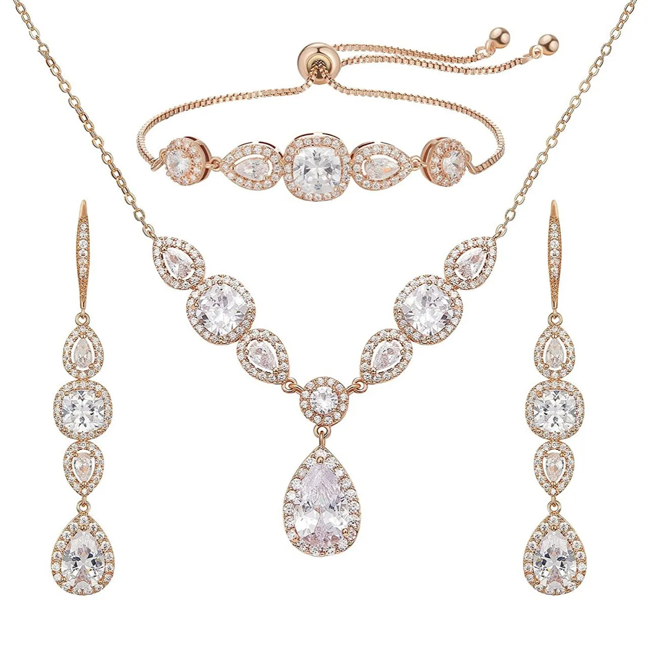 Rose Gold - 3 Piece Necklace Set Comes with Earrings & Bracelete