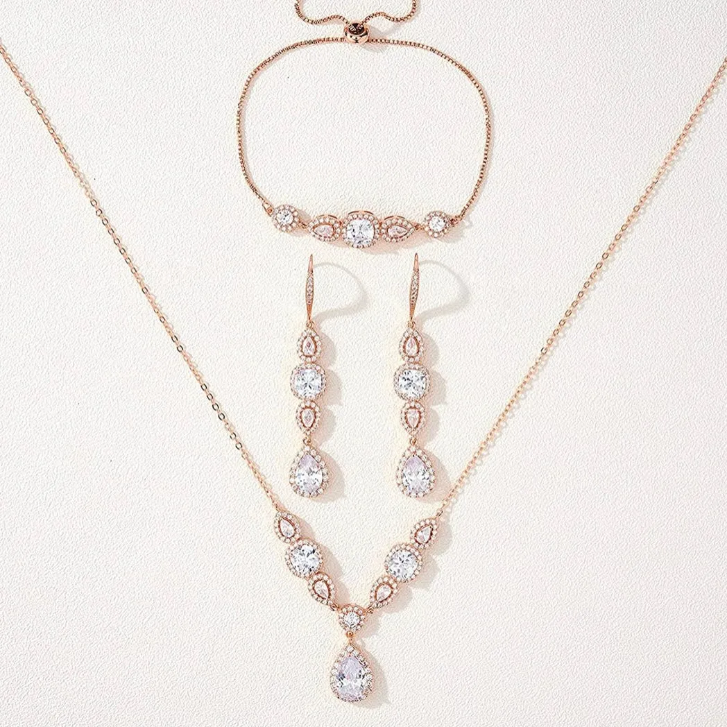 Rose Gold - 3 Piece Necklace Set Comes with Earrings & Bracelete