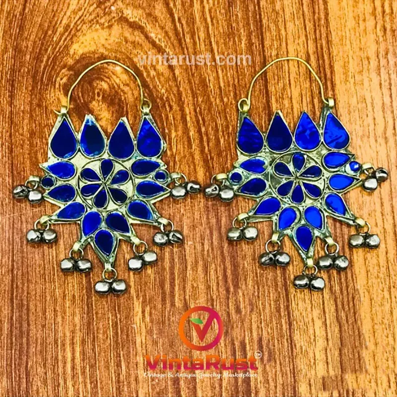 Tribal Glass Stones Floral Earrings With Silver Bells