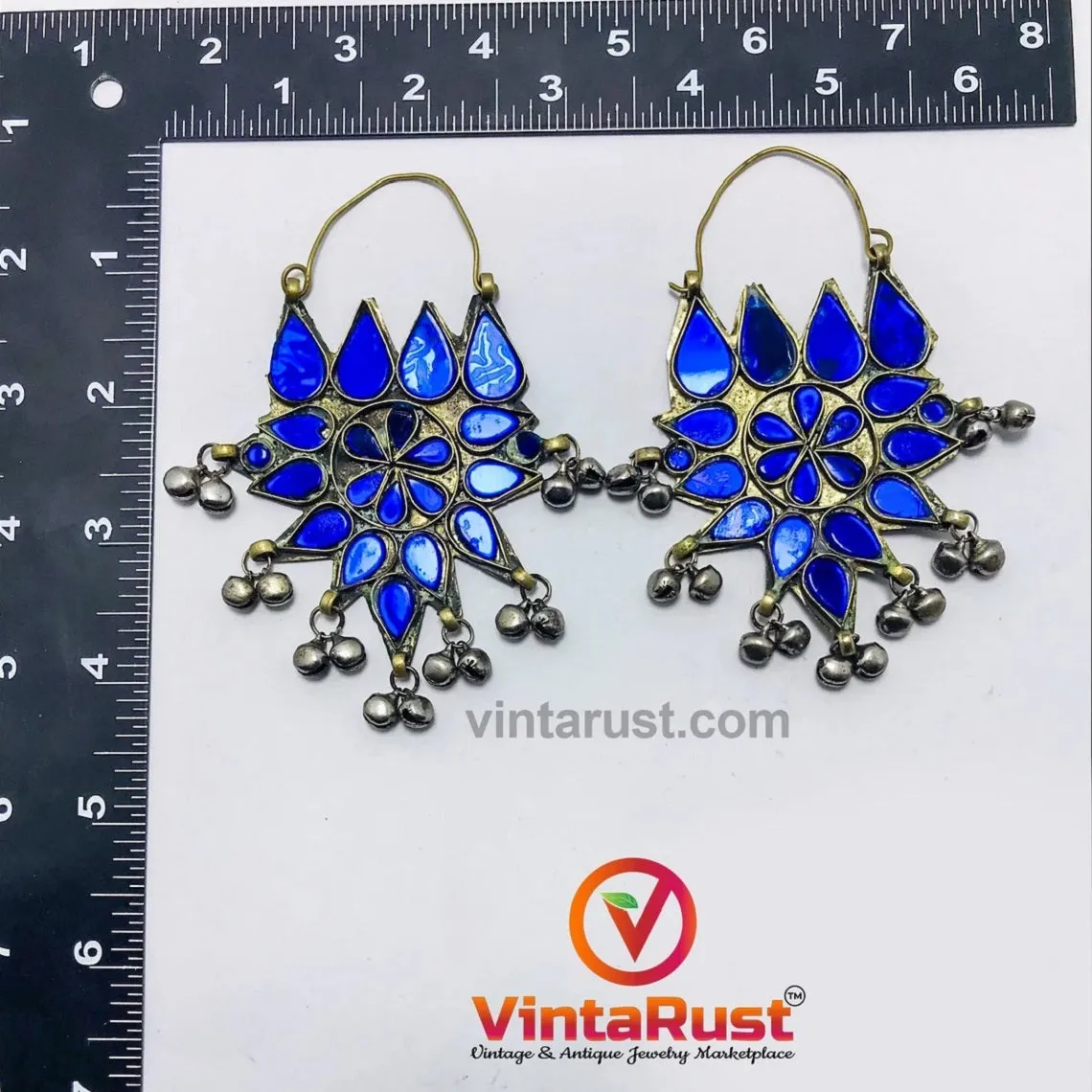 Tribal Glass Stones Floral Earrings With Silver Bells