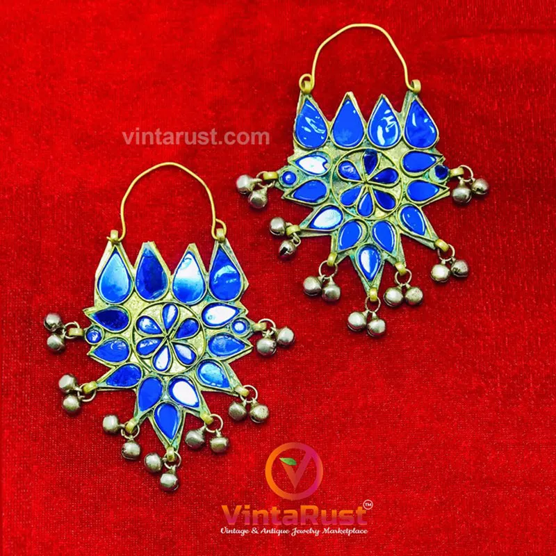 Tribal Glass Stones Floral Earrings With Silver Bells
